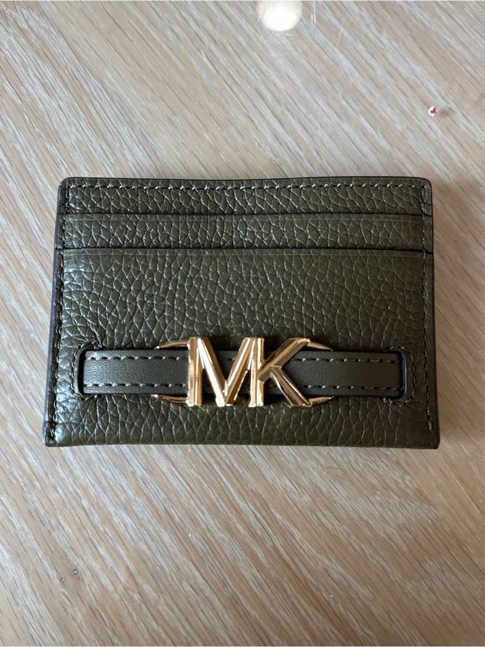 Michael Kors Olive Pebbled Leather Card Holder with Gold MK Logo